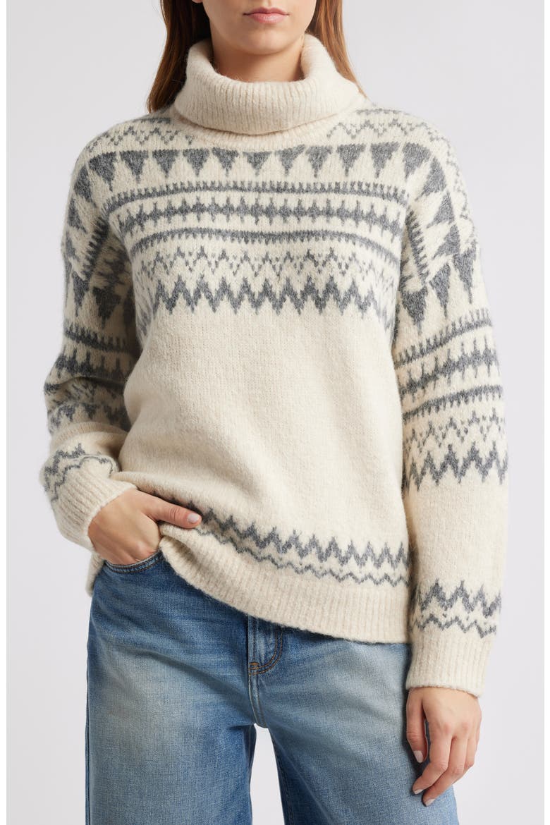 Fair Isle Turtleneck Relaxed Fit Sweater, Main, color, CREAM GREY