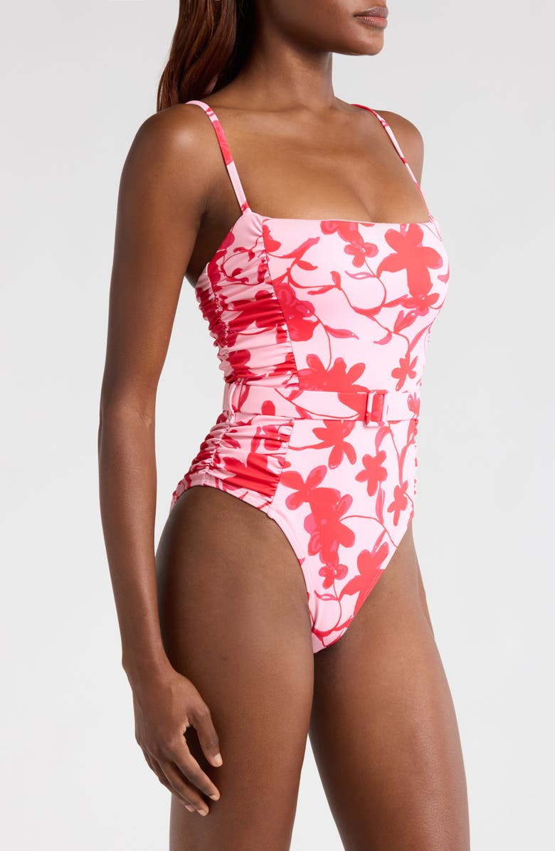 Hutch Ruched Belted One-Piece Swimsuit, Alternate, color, Lipstick Floral