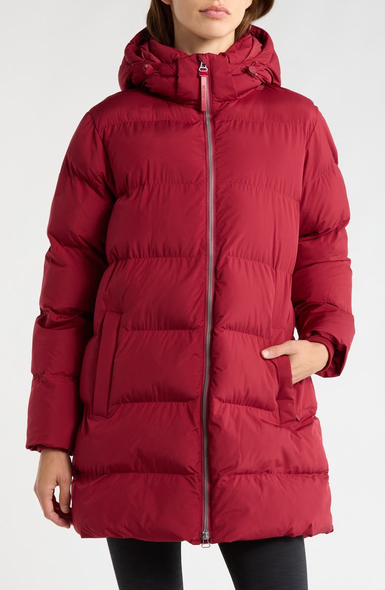 Beyond Yoga Warm Up Hooded Long Puffer Coat, Alternate, color, Ruby Rush