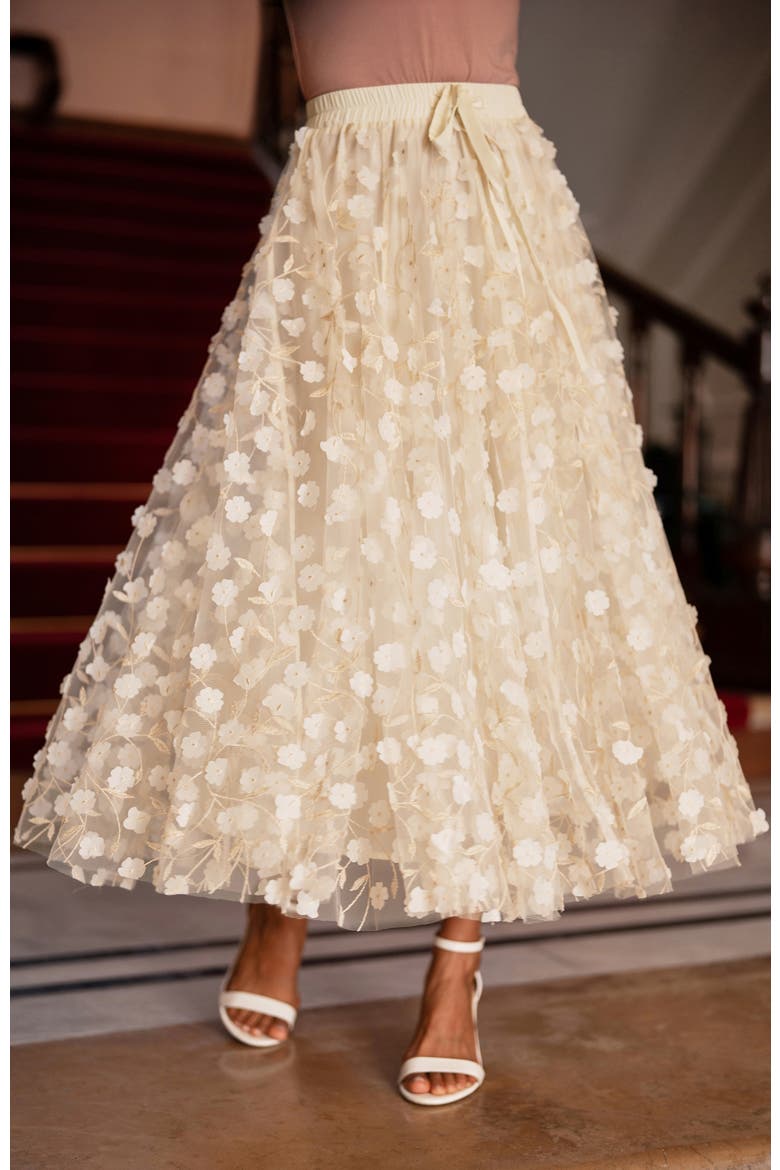 Mesh Floral Applique Midi Skirt, Alternate, color, Ivory