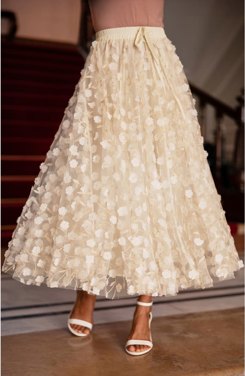 Yumi Mesh Floral Applique Midi Skirt, Alternate, color, Ivory