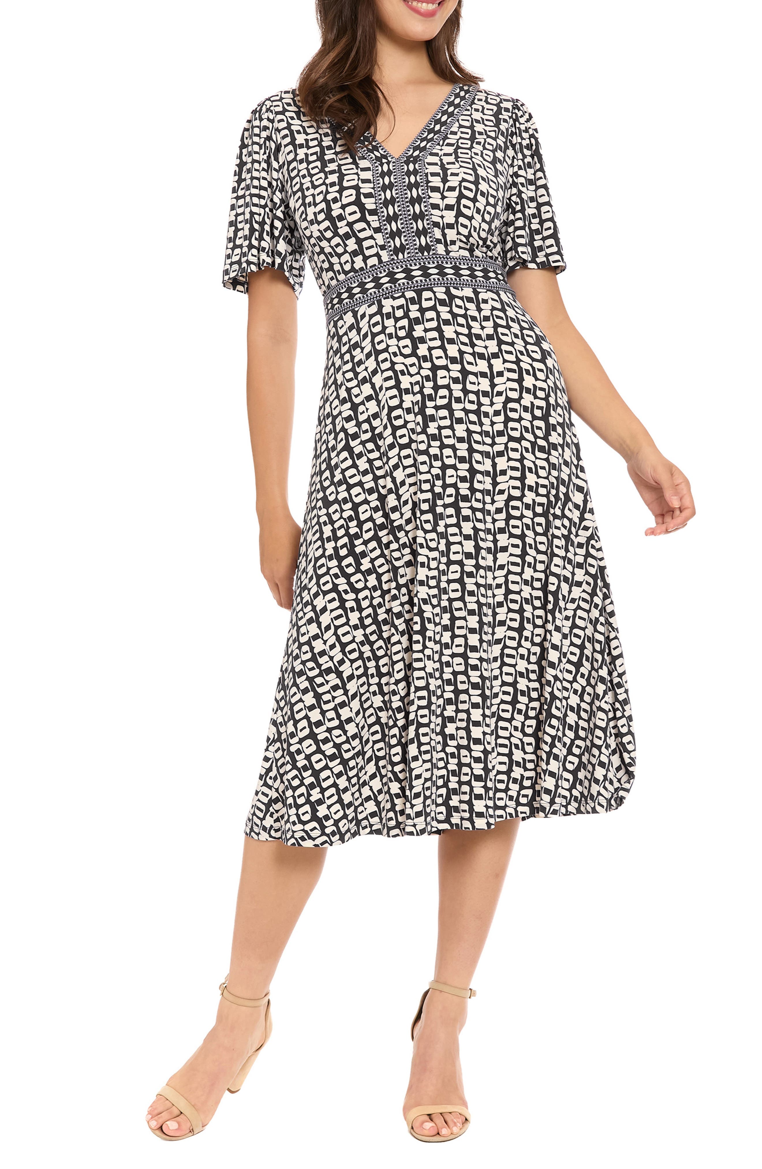 London Times Flutter Sleeve A-Line Midi Dress