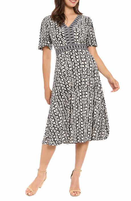 London Times Flutter Sleeve A-Line Midi Dress