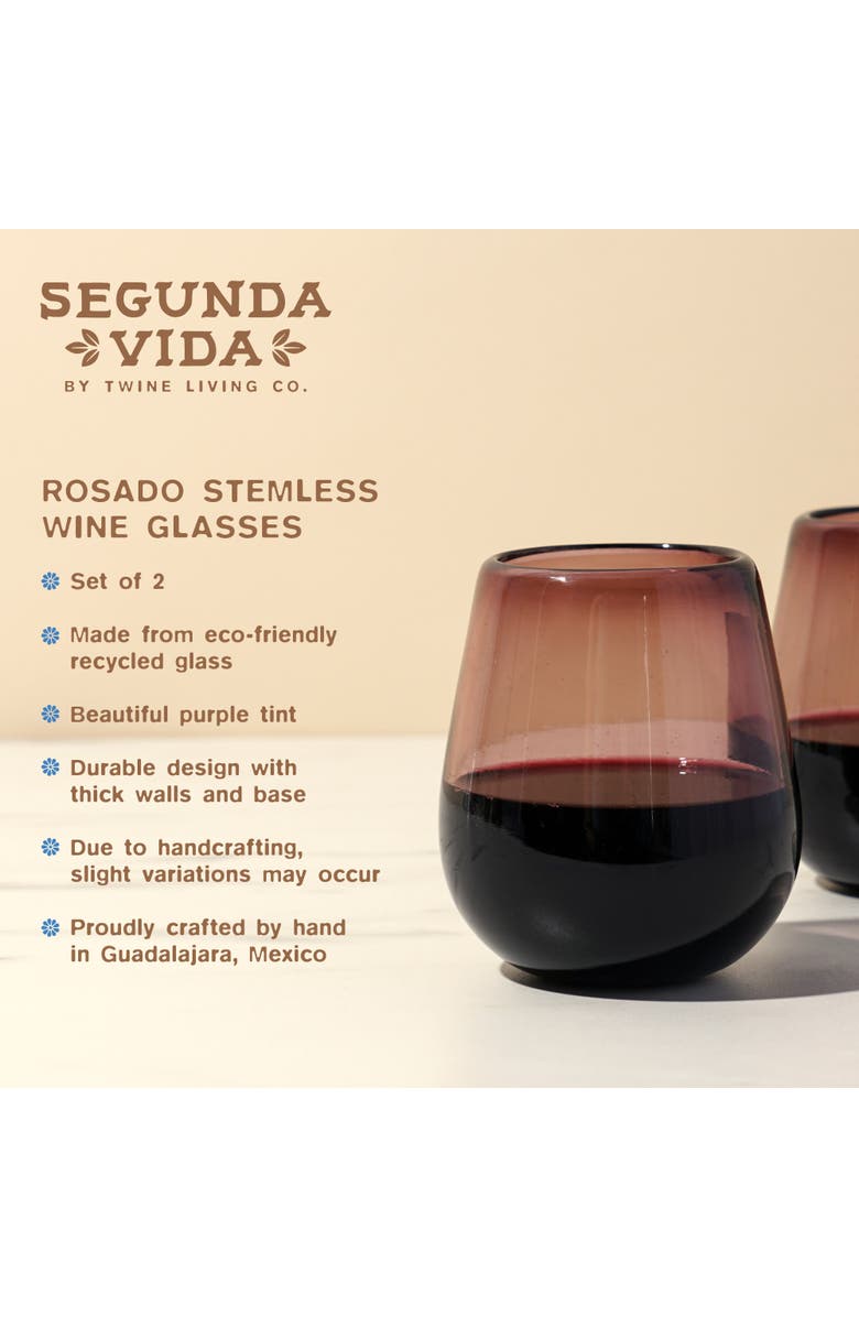 TWINE Segunda Vida Rosado Recycled Stemless Wine Glasses Set of 2, Alternate, color, Pink