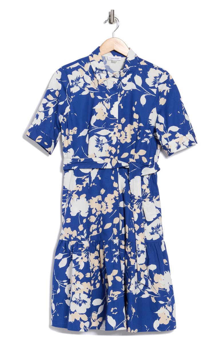 Calvin Klein Floral Short Sleeve Cotton Shirtdress, Main, color, Ultramarine Multi