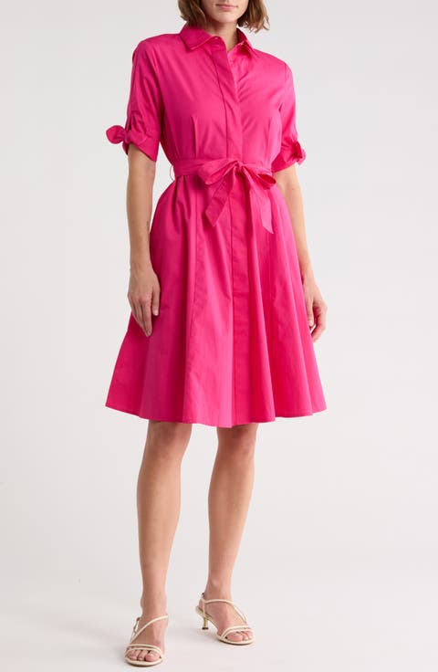 Solid Cotton Shoulder Tie Shirtdress