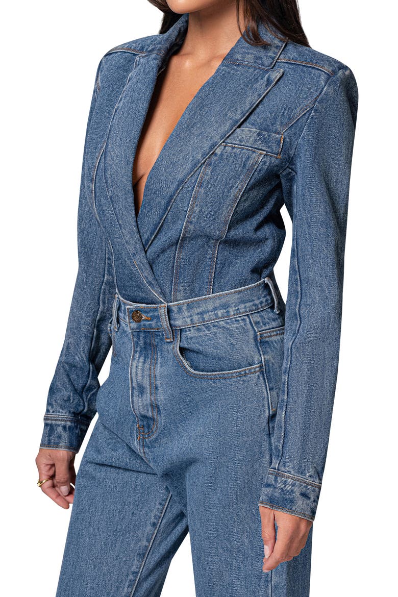 Dominica Denim Blazer Bodysuit, Alternate, color, MEDIUM WASH