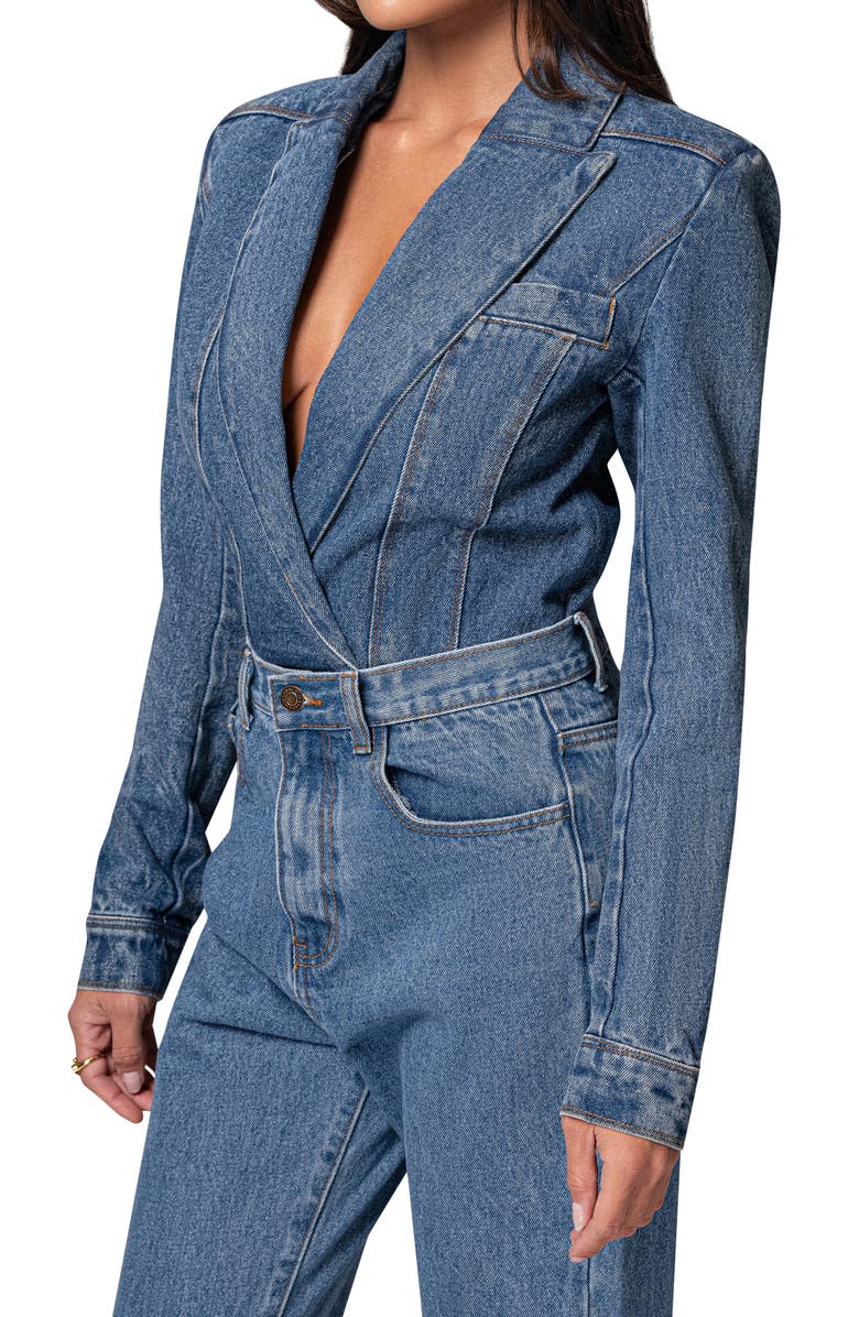 JLUXLABEL Dominica Denim Blazer Bodysuit, Alternate, color, Medium Wash