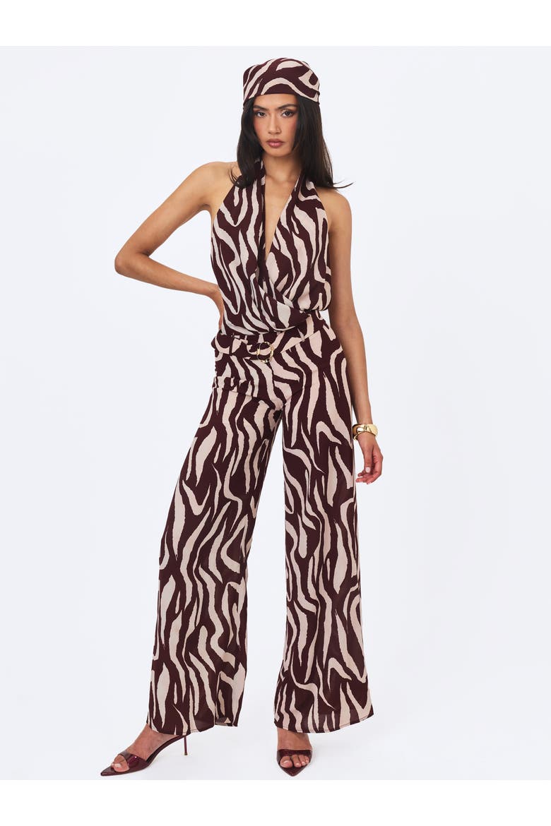 Ashlyn Abstract Zebra Print Belted Halter Jumpsuit, Alternate, color, Burgundy