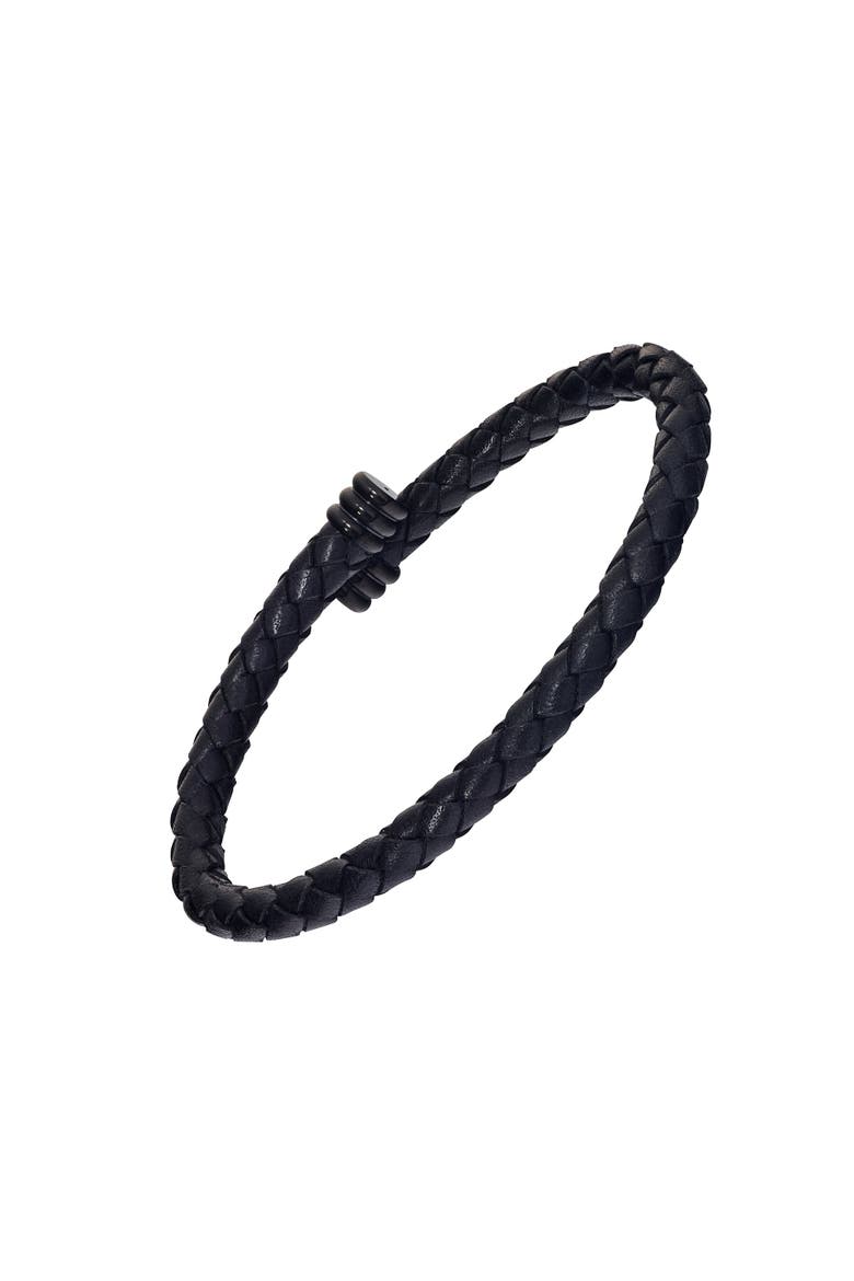 Flexible Braided Leather Bracelet With Stainless Steel End Caps, Main, color, BLACK