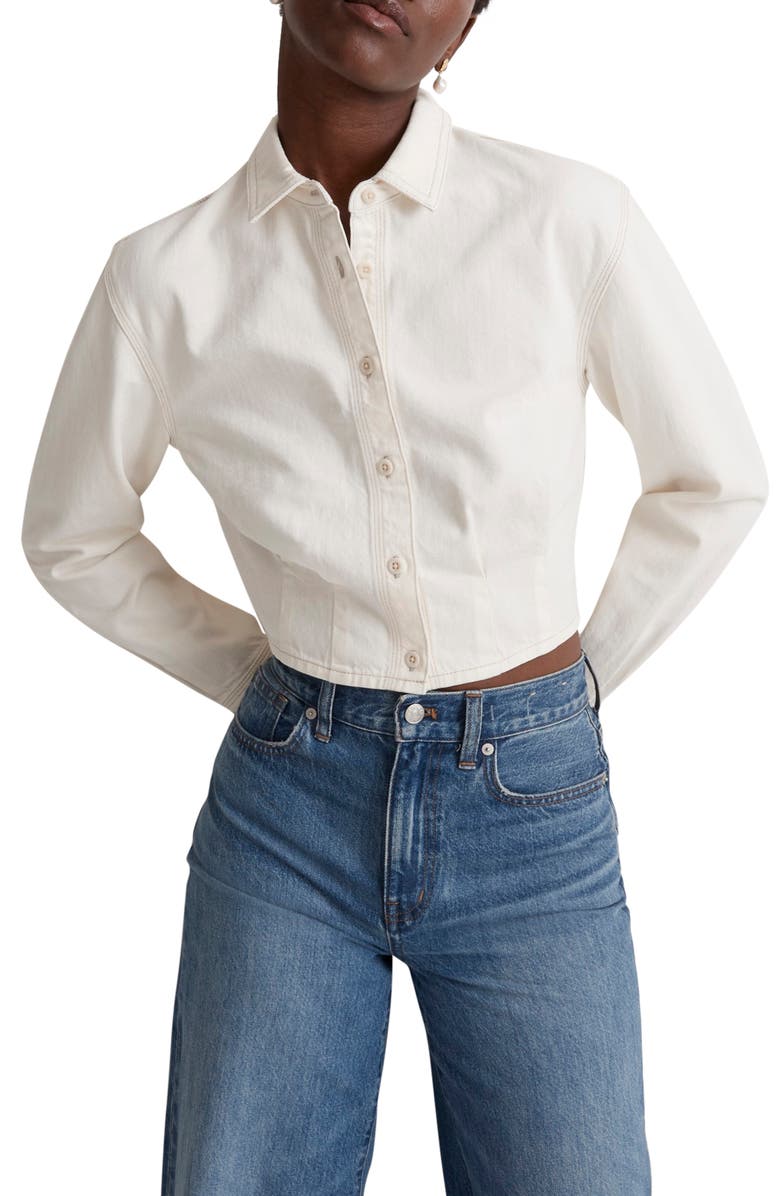 Madewell Denim Pleated Crop Button-Up Shirt, Main, color, 