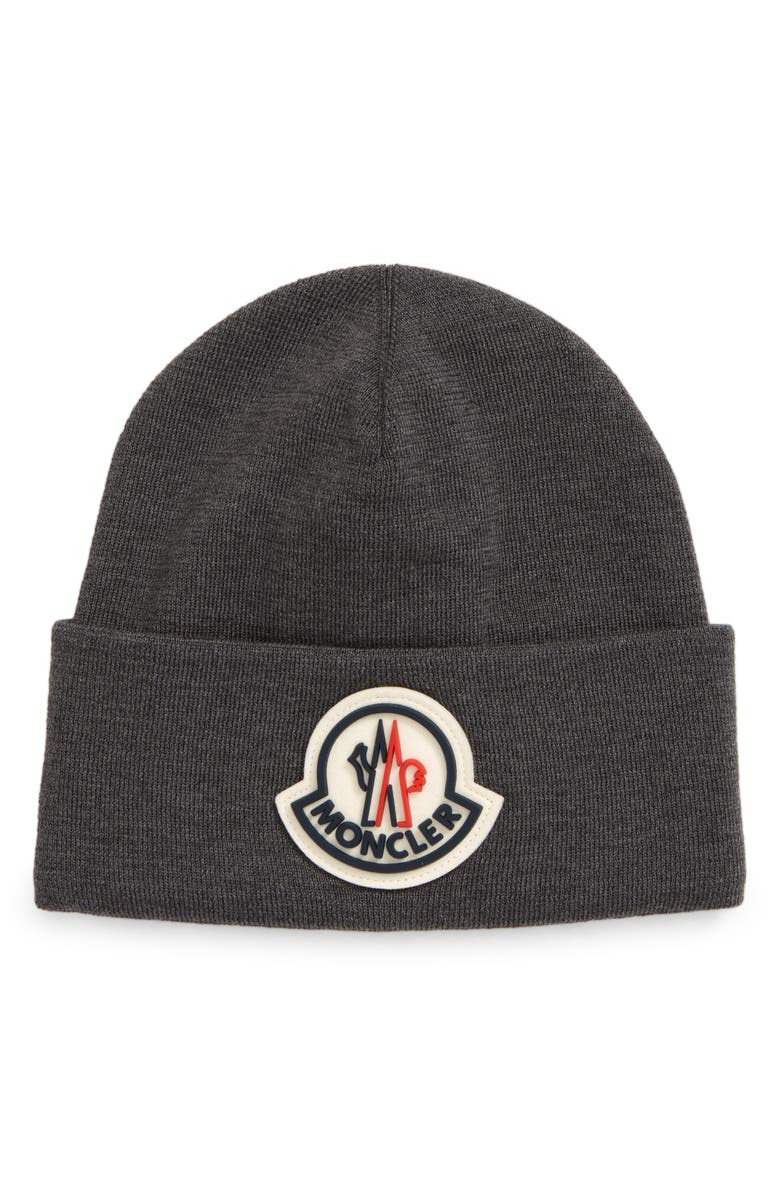Moncler Logo Patch Wool Beanie, Main, color,