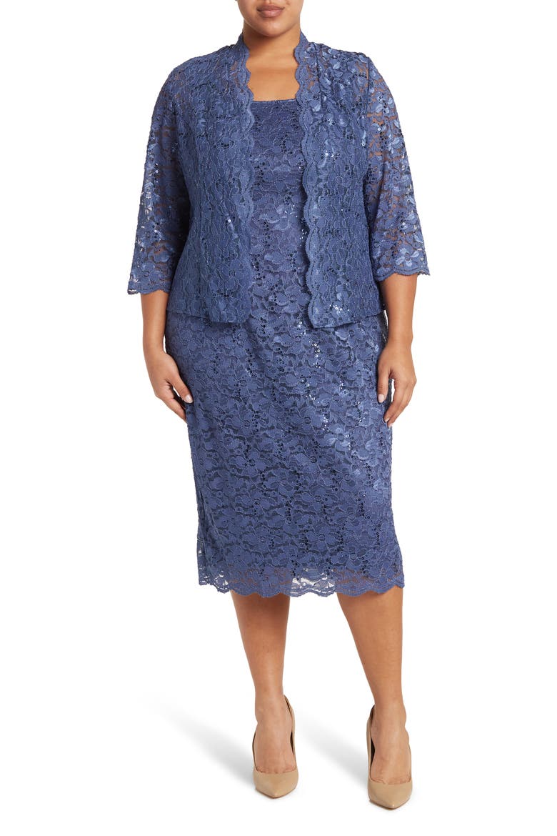 SLNY Floral Lace Sequin Cardigan & Dress Set, Main, color, WEDGEWOOD