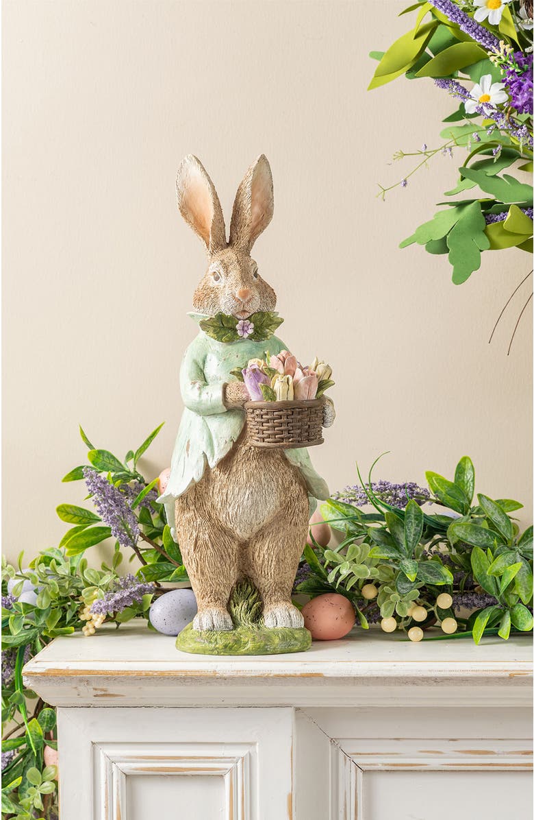 Glitzhome Happy Easter Resin Bunny Boy & Girl Table Decor with Flowers, Alternate, color, Green