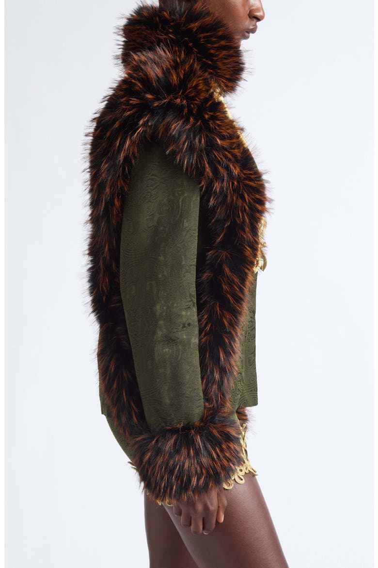 Faux Fur Trim Chinese Brocade Jacket, Alternate, color, ARMY GREEN