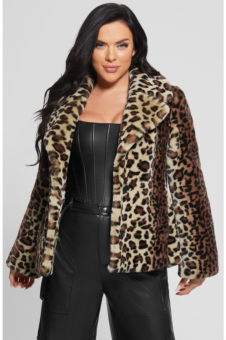 Denise Leopard Print Faux Fur Coat, Alternate, color, BROWN