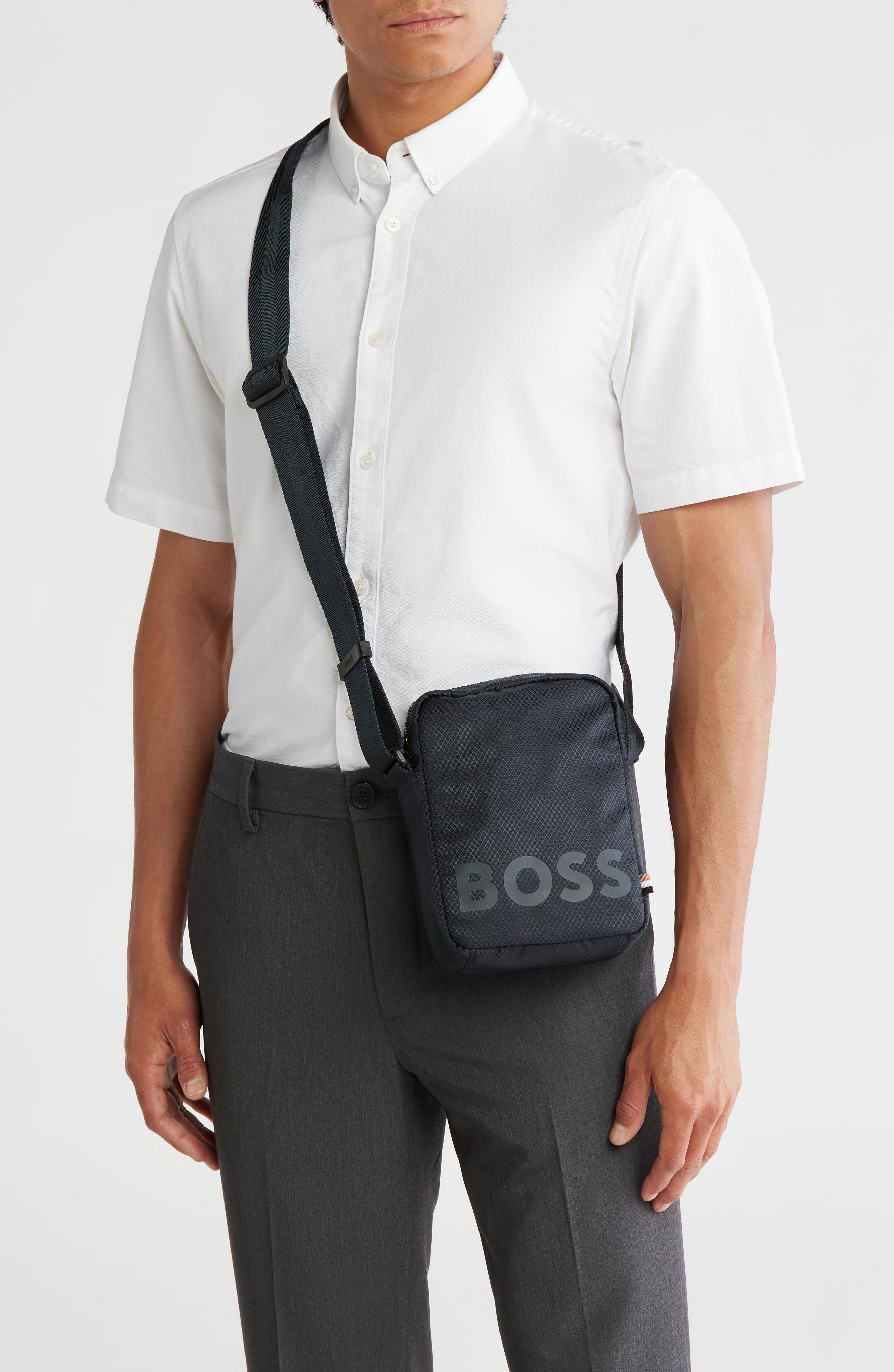 BOSS Logo Ripstop Recycled Polyester Crossbody Bag, Alternate, color, Navy White Logo