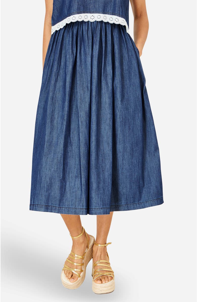 Yumi Denim Chambray Gathered Midi Skirt, Main, color, Blue