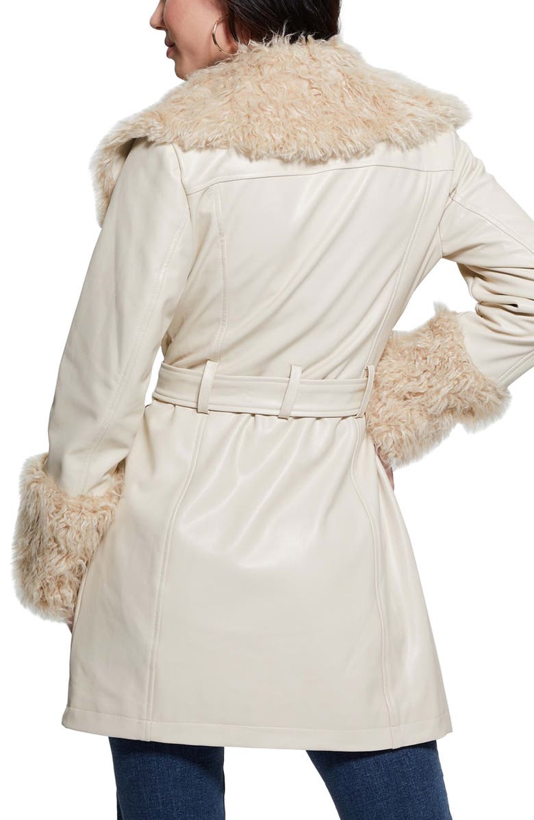 GUESS Faux Leather & Faux Fur Coat, Alternate, color, White