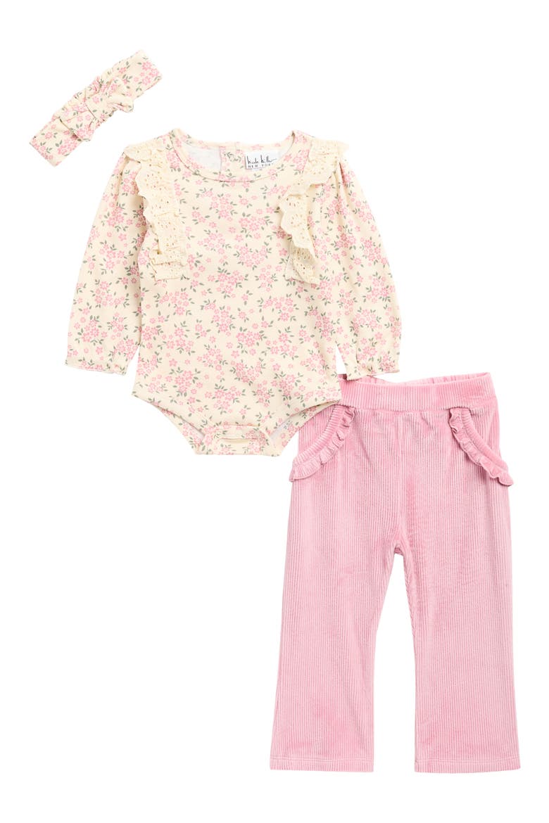 Floral Long Sleeve Bodysuit, Pants & Headband Set, Main, color, BIRCH/POLIGNAC
