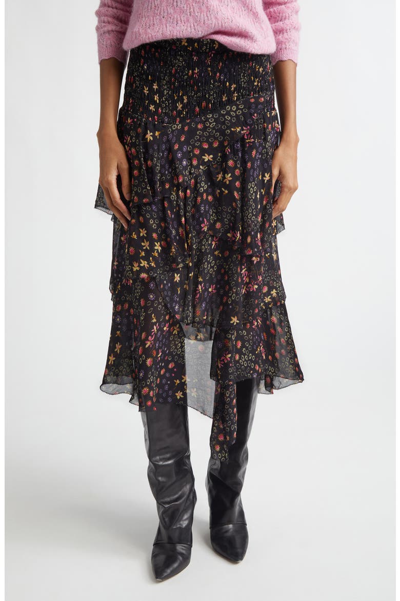 Brigitte Ruffle Smocked Midi Skirt, Main, color, BLACK/ ECRU