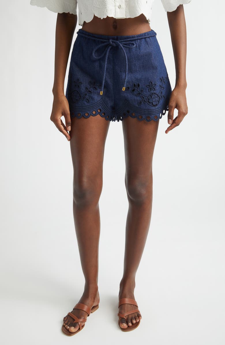 Zimmermann Mahon Broderie Anglaise Denim Shorts, Main, color, Ink