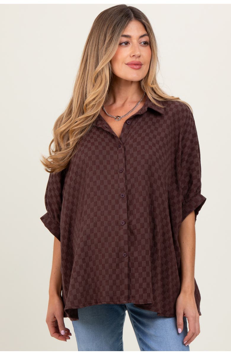 PinkBlush Checker Print Short Sleeve Oversized Blouse, Main, color, Brown