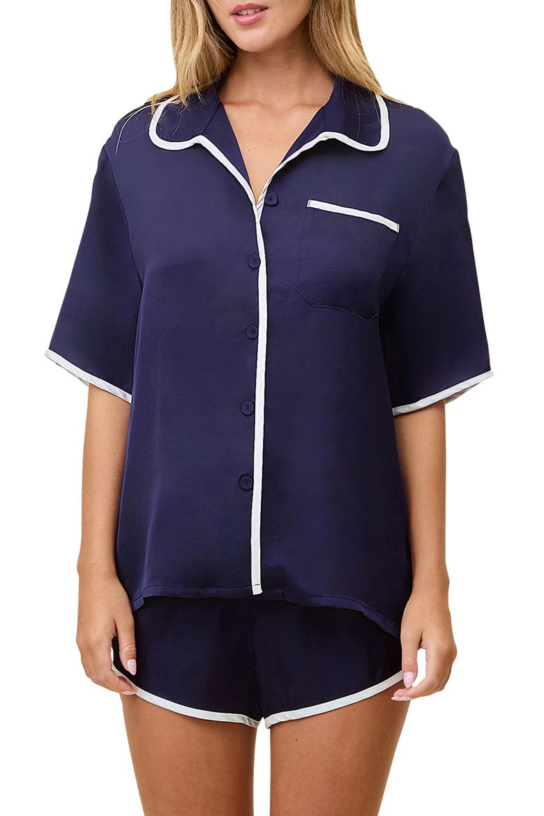 Annabelle Piped Satin Pajamas, Main, color, NAVY