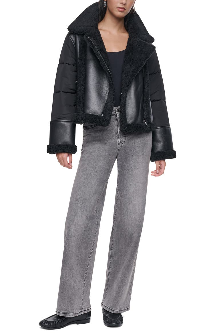 Puff-Sleeve Faux Shearling Jacket, Alternate, color, BLK/ BLACK