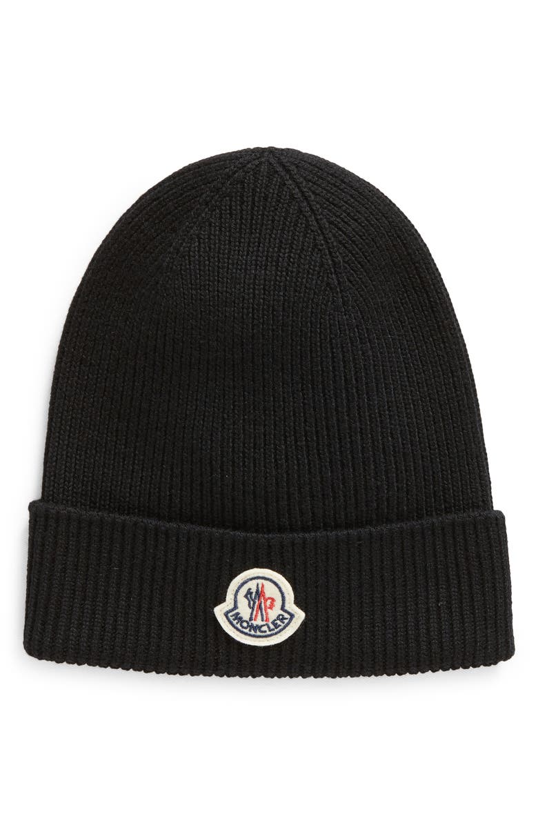 Moncler Logo Patch Virgin Wool Knit Beanie, Main, color, 