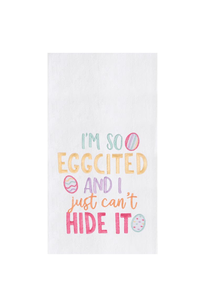 "I'm So Eggcited" Easter Spring Embroidered Cotton Flour Sack Kitchen Dishtowel, Main, color, White
