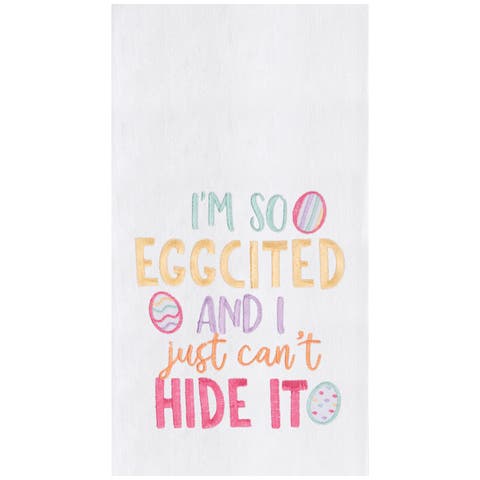 "I'm So Eggcited" Easter Spring Embroidered Cotton Flour Sack Kitchen Dishtowel