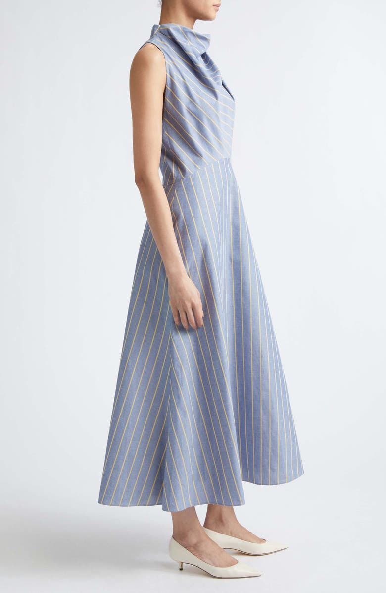 Lela Rose Striped Heathered Cotton & Linen Draped Halter Dress, Alternate, color, Bluebell