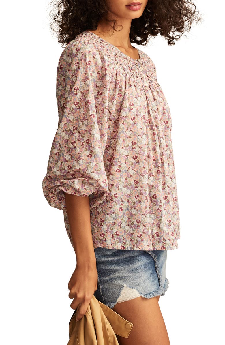 Lucky Brand Floral Smocked Yoke Cotton Top, Alternate, color, Pink Floral