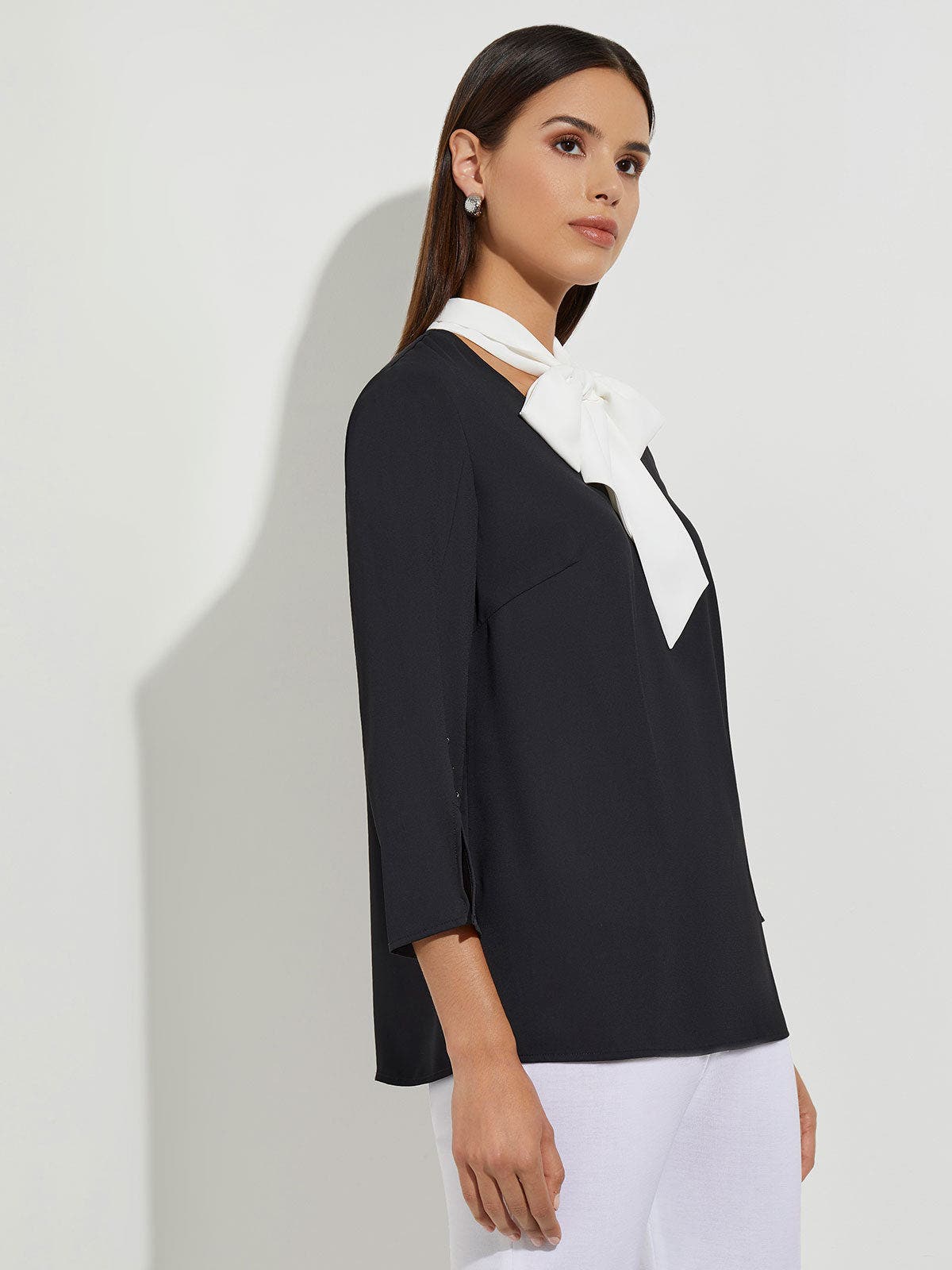 Contrast Tie V-Neck Crepe de Chine Blouse - image 2