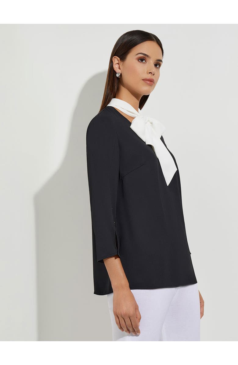 Misook Contrast Tie V-Neck Crepe de Chine Blouse, Alternate, color, Black/White