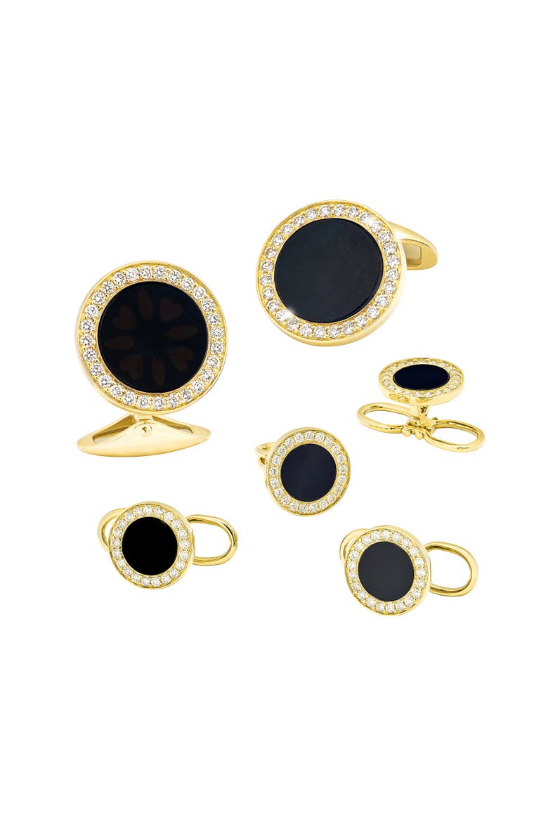 Black Onyx & Diamond 18K Gold Tuxedo Studs & Cufflinks Set, Main, color, Black