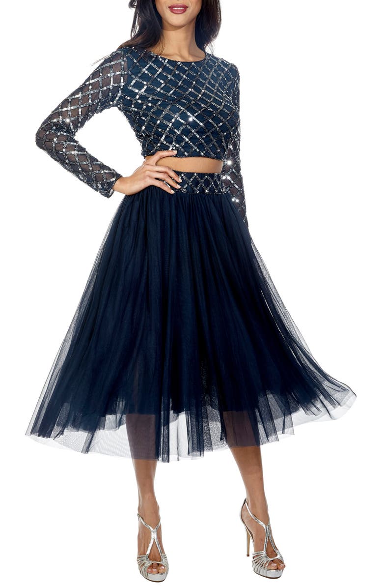Lace & Beads Carmel Sequin Top & Tulle Skirt Combo, Main, color,