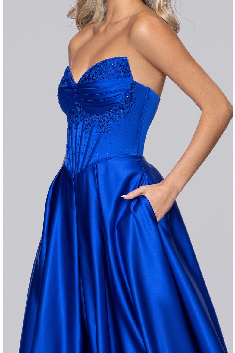 Bead Detail Strapless Satin Gown, Alternate, color, ROYAL