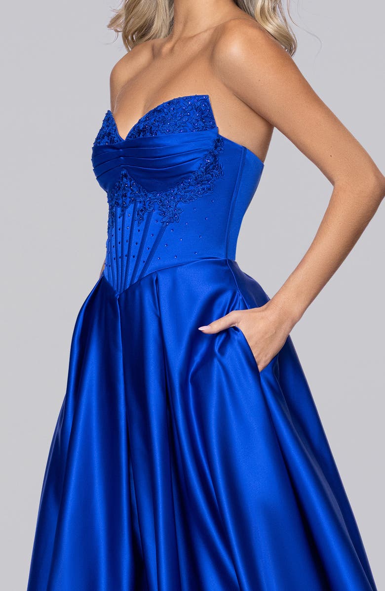 Blondie Nites Bead Detail Strapless Satin Gown, Alternate, color, Royal