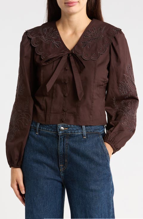 Scalloped Oversized Collar Embroidered Cotton Button-Up Shirt