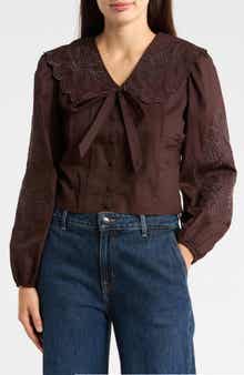 Scalloped Oversized Collar Embroidered Cotton Button-Up Shirt