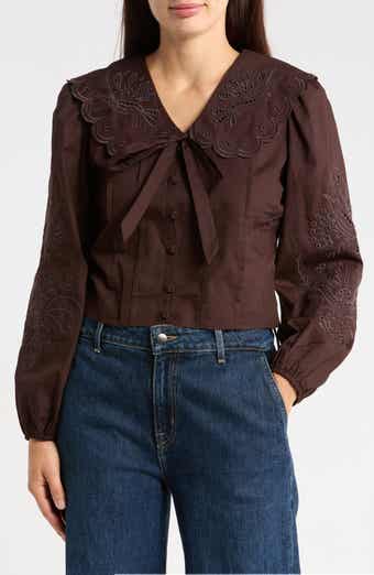Scalloped Oversized Collar Embroidered Cotton Button-Up Shirt
