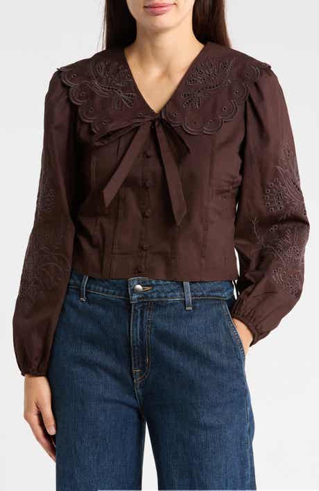 Scalloped Oversized Collar Embroidered Cotton Button-Up Shirt