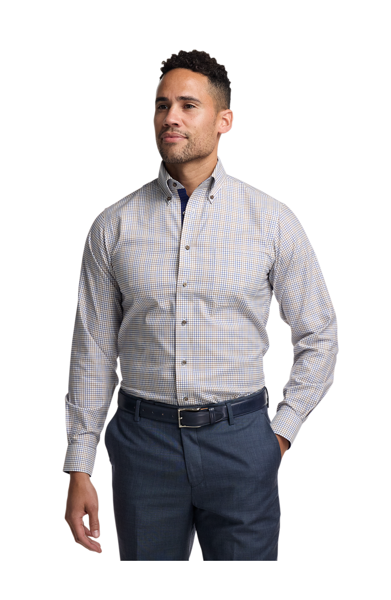 Paul Fredrick Tailored Fit Comfort Stretch Non-iron Tattersall Dress Shirt With Contrast Trim, Alternate, color, Navy/Tan