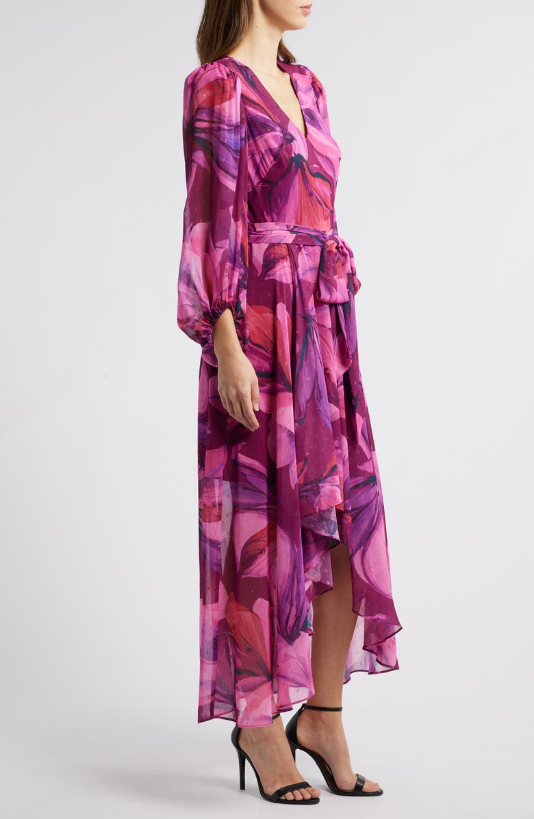 Eliza J Metallic Fleck Floral Long Sleeve High Low Dress, Alternate, color, Berry