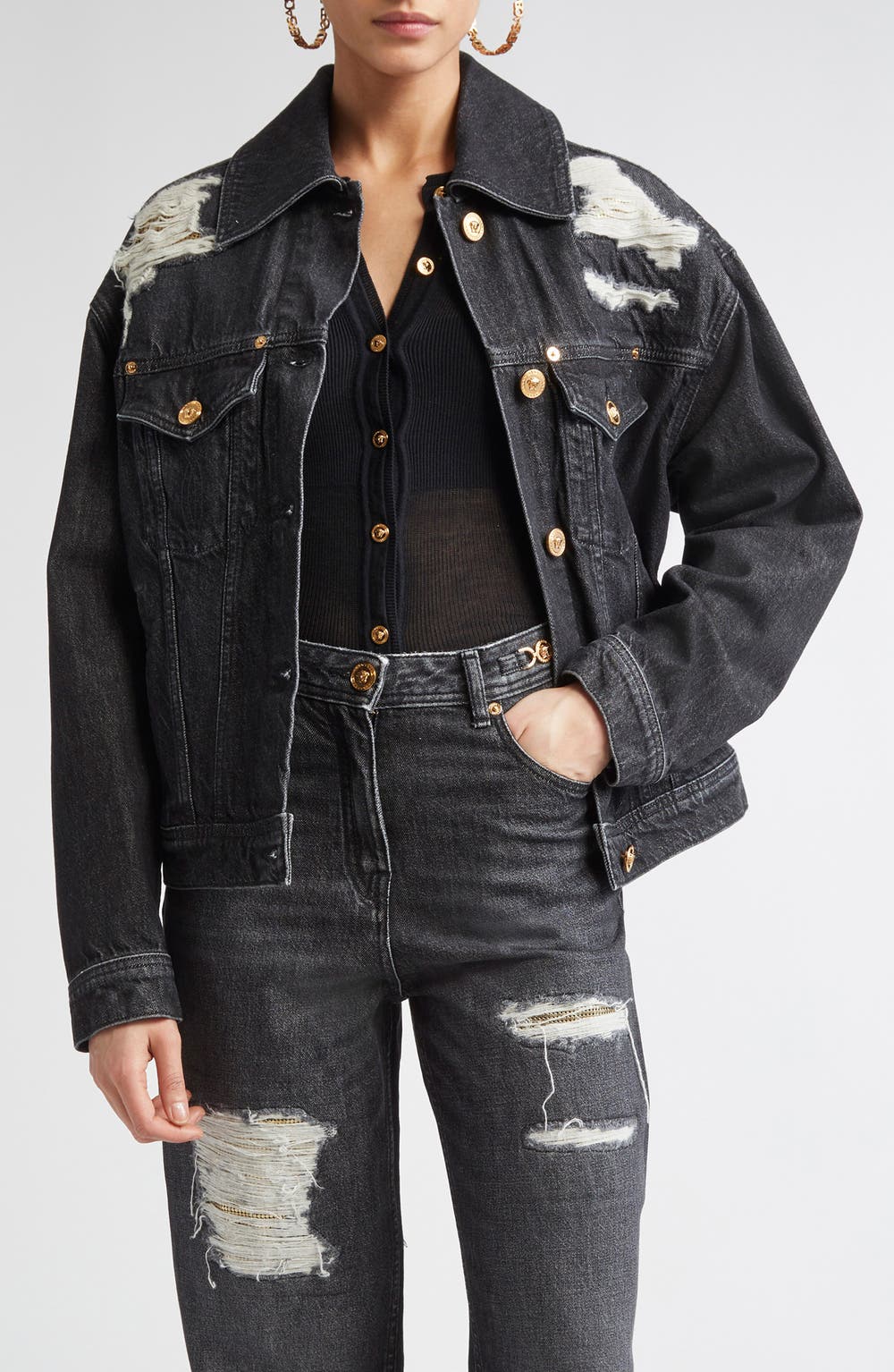 Rip & Repair Denim Trucker Jacket, color, BLACK