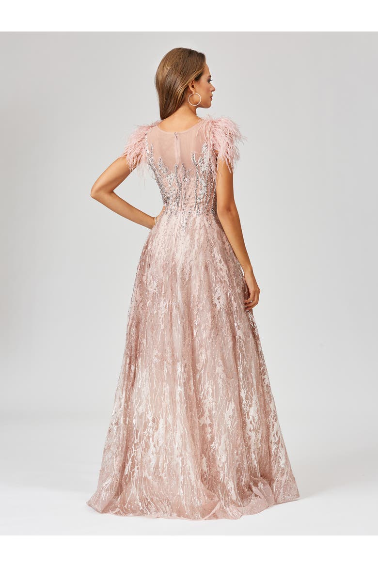 Lace ballgown with Feather Cap Sleeves, Alternate, color, Blush