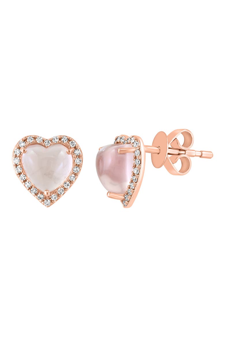 Pink Quartz & Diamond Heart Stud Earrings - 0.13ct., Main, color, PINK