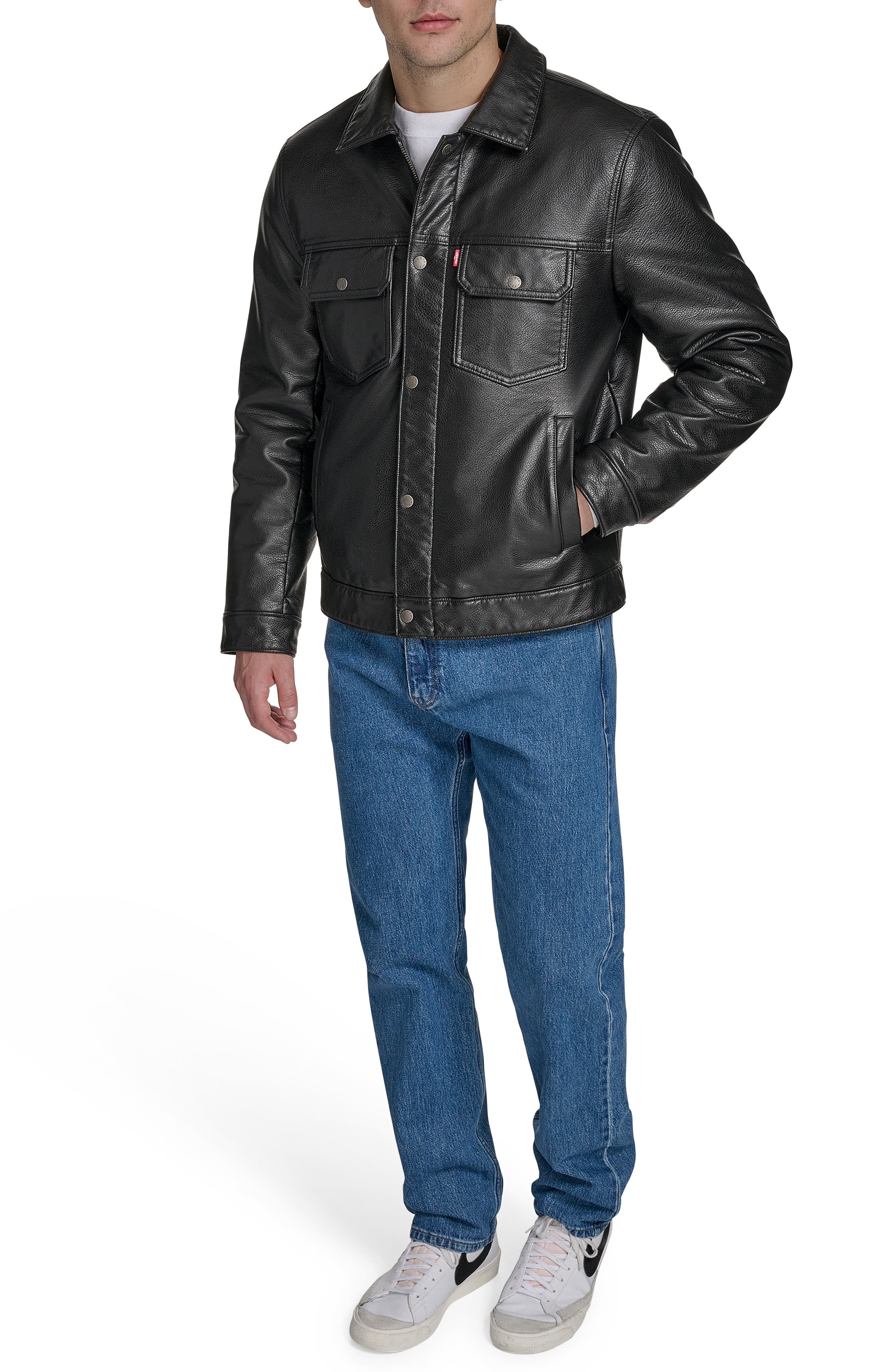 Relaxed Water Resistant Faux Leather Trucker Jacket (Men) | Nordstrom